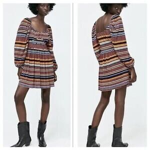 NWT Rainbow Zara Sexy Stripe Bishop Sleeve Mini Dress Small Blogger Favorite